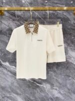 Gucci Beige Monogram Collar Half-Zip Polo & Drawstring Shorts Two-Piece Men Set