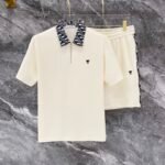 Christian Dior Cream Monogram Collar Half-Zip Polo & Drawstring Shorts Two-Piece Men Casual Set
