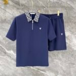 Christian Dior Navy Monogram Collar Half-Zip Polo & Drawstring Shorts Two-Piece Men Casual Set