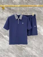 Christian Dior Navy Monogram Collar Half-Zip Polo & Drawstring Shorts Two-Piece Men Casual Set