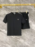 Prada Black Side Stripe Triangle Badge T-Shirt & Drawstring Shorts Two-Piece Men Casual Set