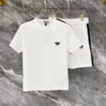 Prada White Side Stripe Triangle Badge T-Shirt & Drawstring Shorts Two-Piece Men Casual Set