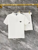Prada White Side Stripe Triangle Badge T-Shirt & Drawstring Shorts Two-Piece Men Casual Set