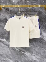 Moncler Cream Stripe Shoulder Crew Neck Tee & Drawstring Shorts Co-Ord Set