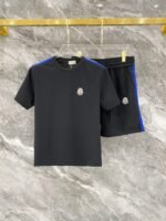 Moncler Black Stripe Shoulder Crew Neck Tee & Drawstring Shorts Co-Ord Set
