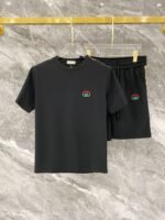 Gucci Black Monogram Trim Colorful Logo Tee & Drawstring Shorts Co-Ord Set