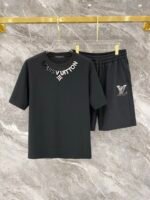 Louis Vuitton Black Rhinestone Letter Logo Crew Neck T-Shirt & Drawstring Shorts Two-Piece Set