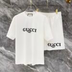Gucci White Letter Print Metal Badge Crew Neck T-Shirt & Drawstring Shorts Two-Piece Set