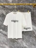Gucci White Letter Print Metal Badge Crew Neck T-Shirt & Drawstring Shorts Two-Piece Set