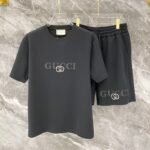 Gucci Black Letter Print Metal Badge Crew Neck T-Shirt & Drawstring Shorts Two-Piece Set