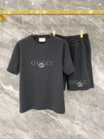 Gucci Black Letter Print Metal Badge Crew Neck T-Shirt & Drawstring Shorts Two-Piece Set