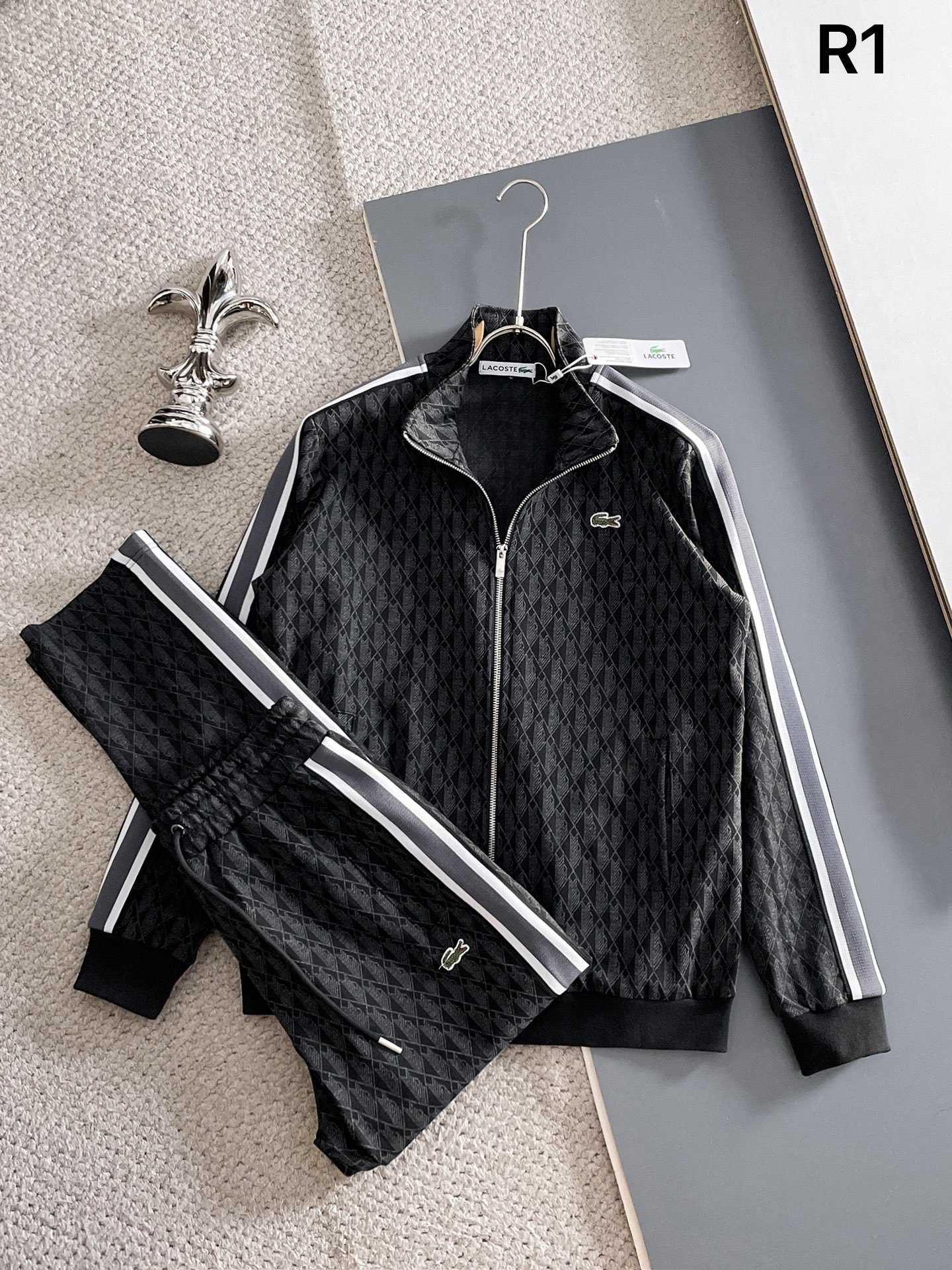 13422699410810564 Lacoste Black Geometric Print Tracksuit Set Zip-Up Jacket & Jogger Pants - Image 1