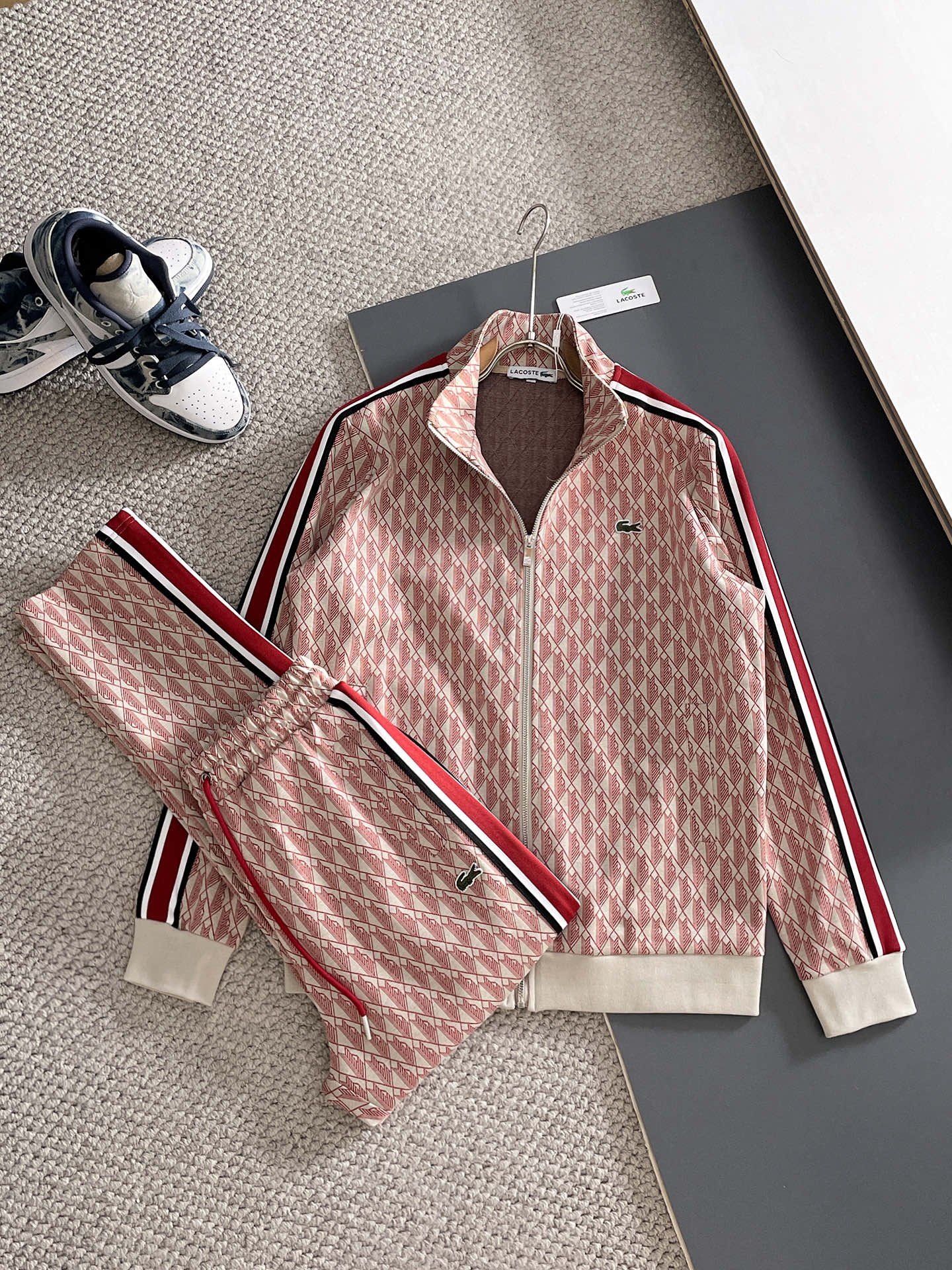 13424344680748879 Lacoste Red Geometric Print Tracksuit Set Zip-Up Jacket & Jogger Pants - Image 1