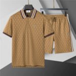 Lacoste Khaki Diamond Print 2-Piece Outfit Contrast Trim Polo Shirt and Drawstring Shorts Set