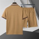 Lacoste Khaki Diamond Print 2-Piece Outfit Contrast Trim Polo Shirt and Drawstring Shorts Set - Image 2