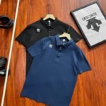 Descente Small Arrow Logo Quick Dry Lapel Polo Shirt  In Black Blue