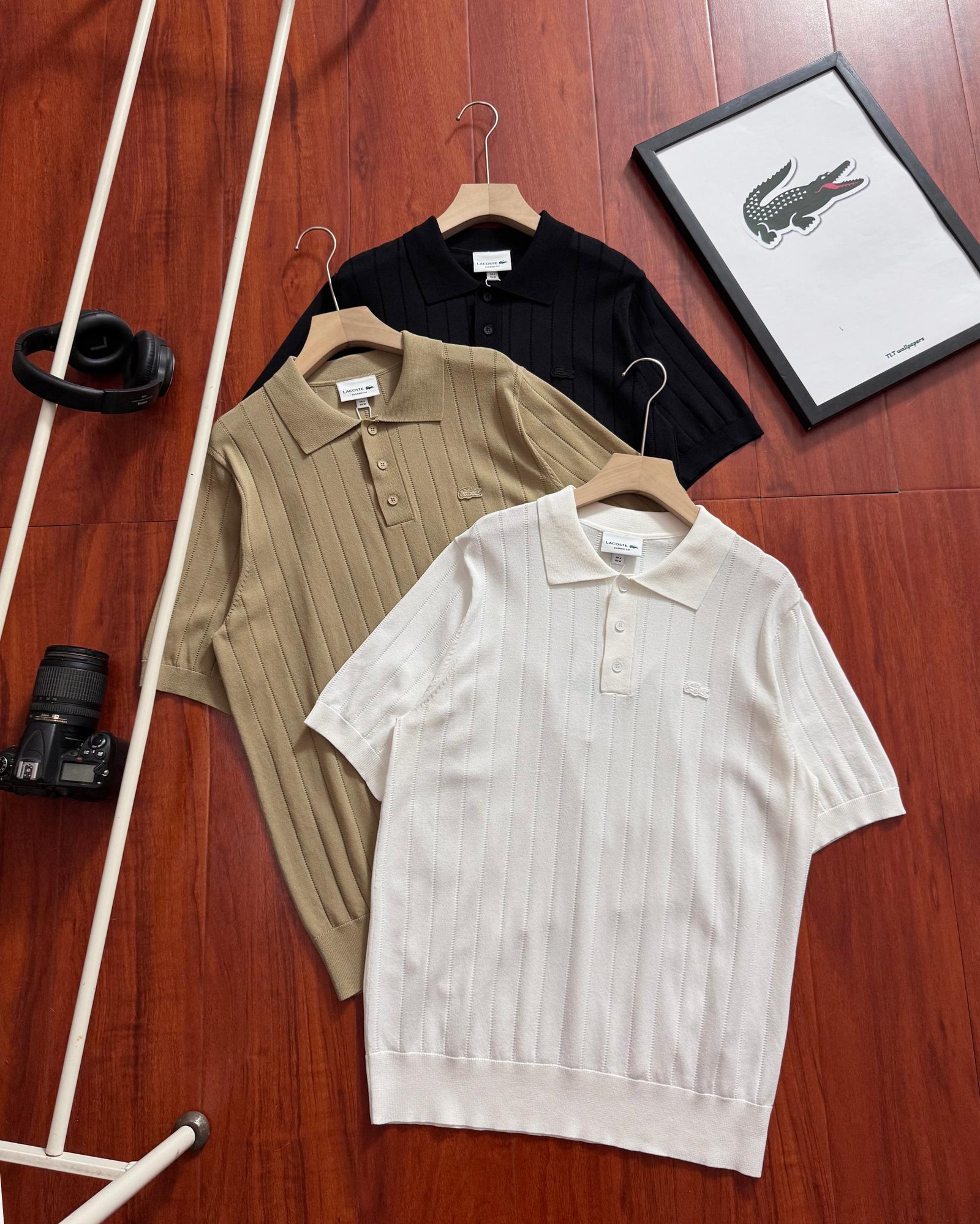 26070115-Lacoste-Polo-01 Lacoste Vertical Ribbed Knit Lapel Polo Short Sleeve Shirt 3 Colors - Image 1