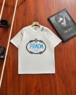 Prada Oval Frame Blue Letter Print Crew Neck Cotton Loose Short Sleeve T-shirt 2 Colors - Image 2