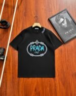 Prada Oval Frame Blue Letter Print Crew Neck Cotton Loose Short Sleeve T-shirt 2 Colors - Image 4
