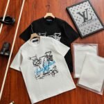 Louis Vuitton Hand-Drawn Line Floral Cursive Letter Crew Neck Cotton Loose Short Sleeve T-shirt 2 Colors