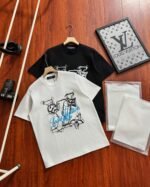 Louis Vuitton Hand-Drawn Line Floral Cursive Letter Crew Neck Cotton Loose Short Sleeve T-shirt 2 Colors