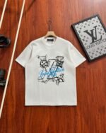 Louis Vuitton Hand-Drawn Line Floral Cursive Letter Crew Neck Cotton Loose Short Sleeve T-shirt 2 Colors - Image 2
