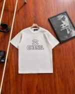 Chanel Outline Logo Bold Letter Print Crew Neck Cotton Casual Short Sleeve T-shirt 2 Colors - Image 4