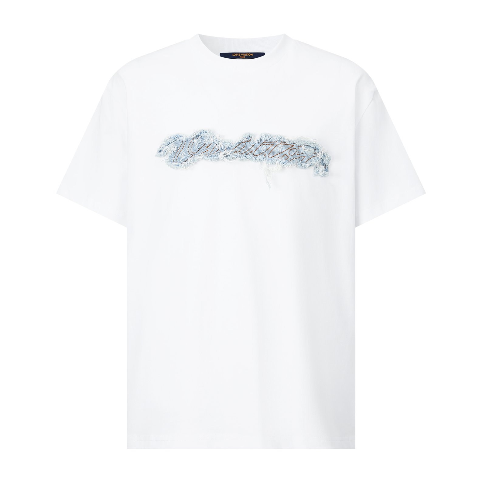 26070314-LV-Tee-01 Louis Vuitton White White Denim Frayed Patch Letter Embroidery Crew Neck Loose Cotton Short Sleeve T-shirt - Image 1