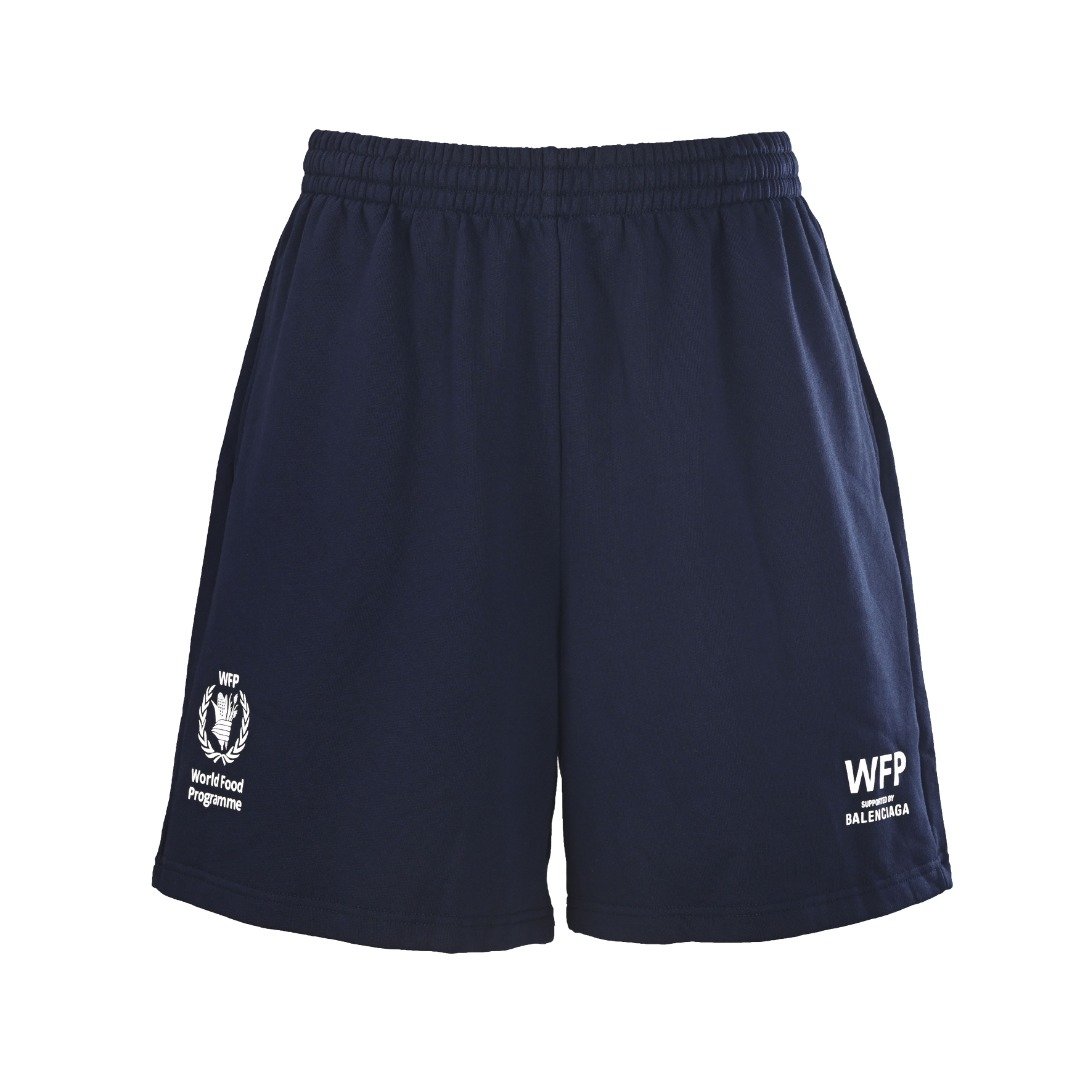 26070315-Balenciaga-Short-01 Balenciaga Navy Blue Navy Blue Elastic Waist Wheat Wreath Letter Print Casual Cotton Sweat Shorts - Image 1