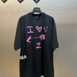 Balenciaga Black Distressed Raw Edge Crew Neck Short Sleeve T-Shirt With Pink Graffiti Heart Arrow Letter Print