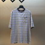 Prada Color Block Stripe Chest Pocket Raw Edge Crew Neck Casual Cotton Short Sleeve T-shirt