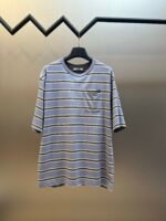 Prada Color Block Stripe Chest Pocket Raw Edge Crew Neck Casual Cotton Short Sleeve T-shirt