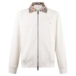 Burberry Off White Plaid Contrast Collar Zip Up Bomber Jacket With Embossed Logo