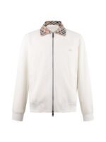 Burberry Off White Plaid Contrast Collar Zip Up Bomber Jacket With Embossed Logo
