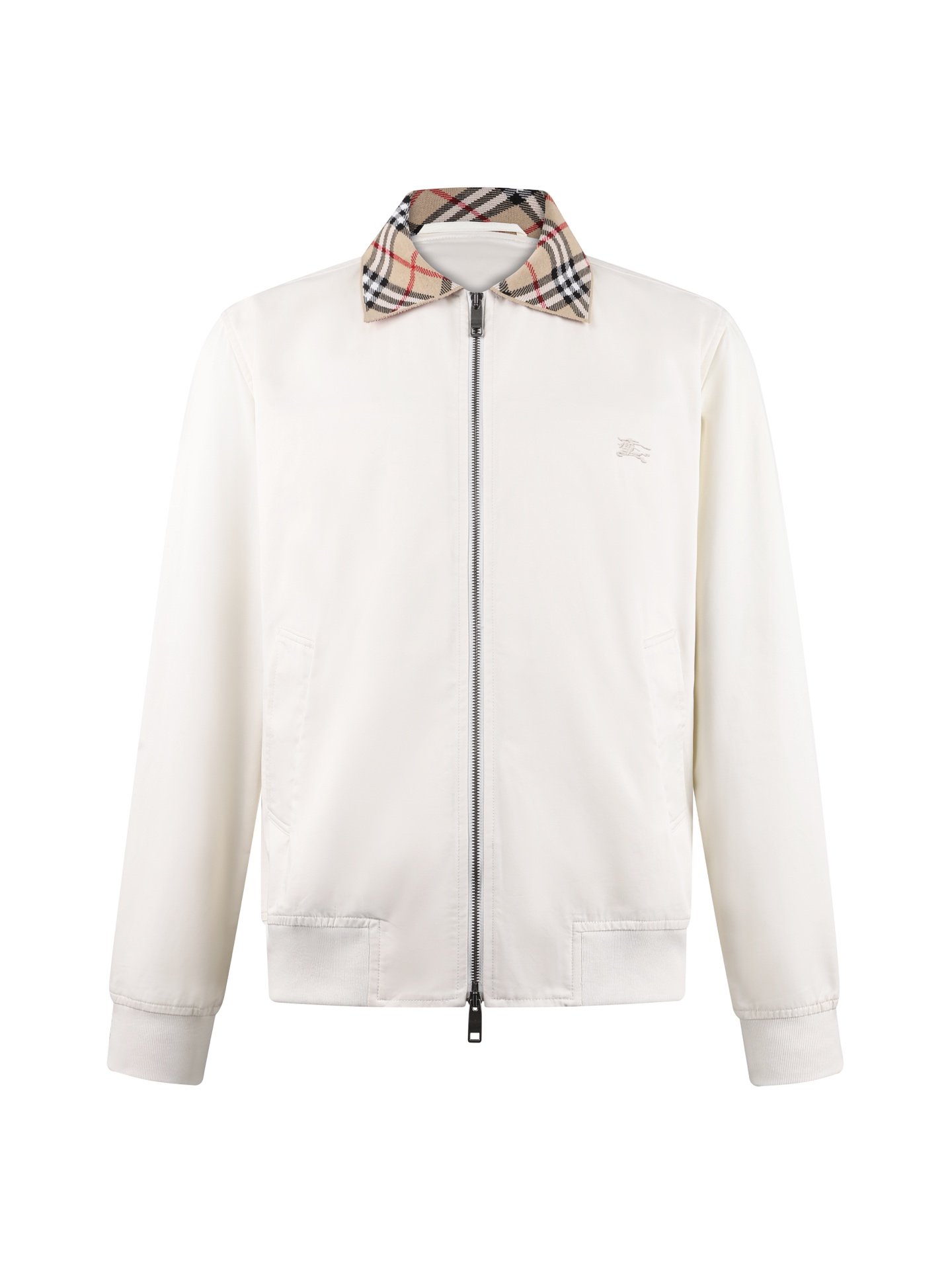 26070701-Burberry-Jacket-01 Burberry Off White Plaid Contrast Collar Zip Up Bomber Jacket With Embossed Logo - Image 1