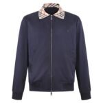 Burberry Navy Plaid Contrast Collar Zip Up Bomber Jacket With Embossed Logo (Copy)
