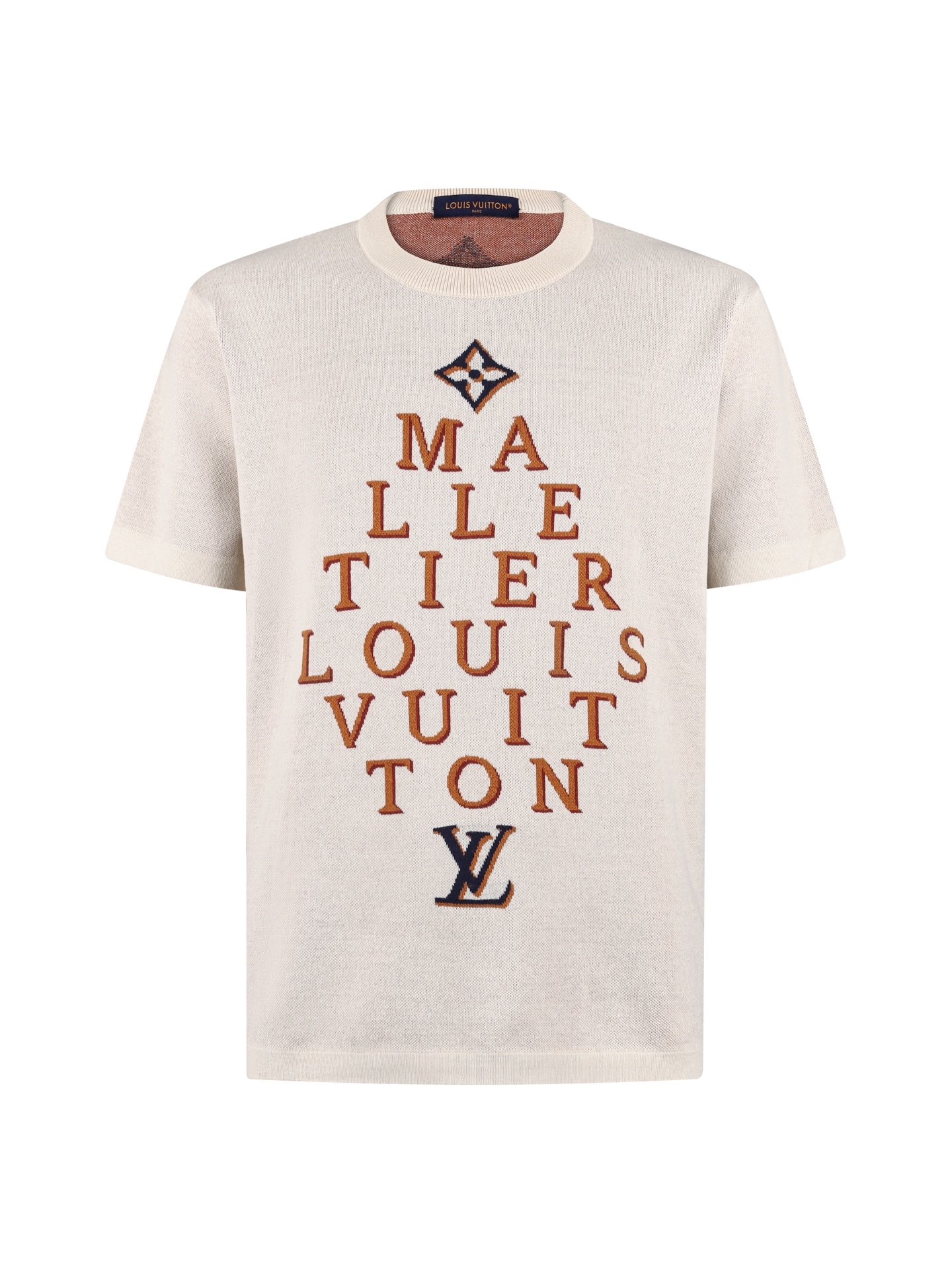 26070703-LV-Tee-01 Louis Vuitton Off White Pyramid Letter Jacquard Short Sleeve Knit Crew Neck T-shirt - Image 1