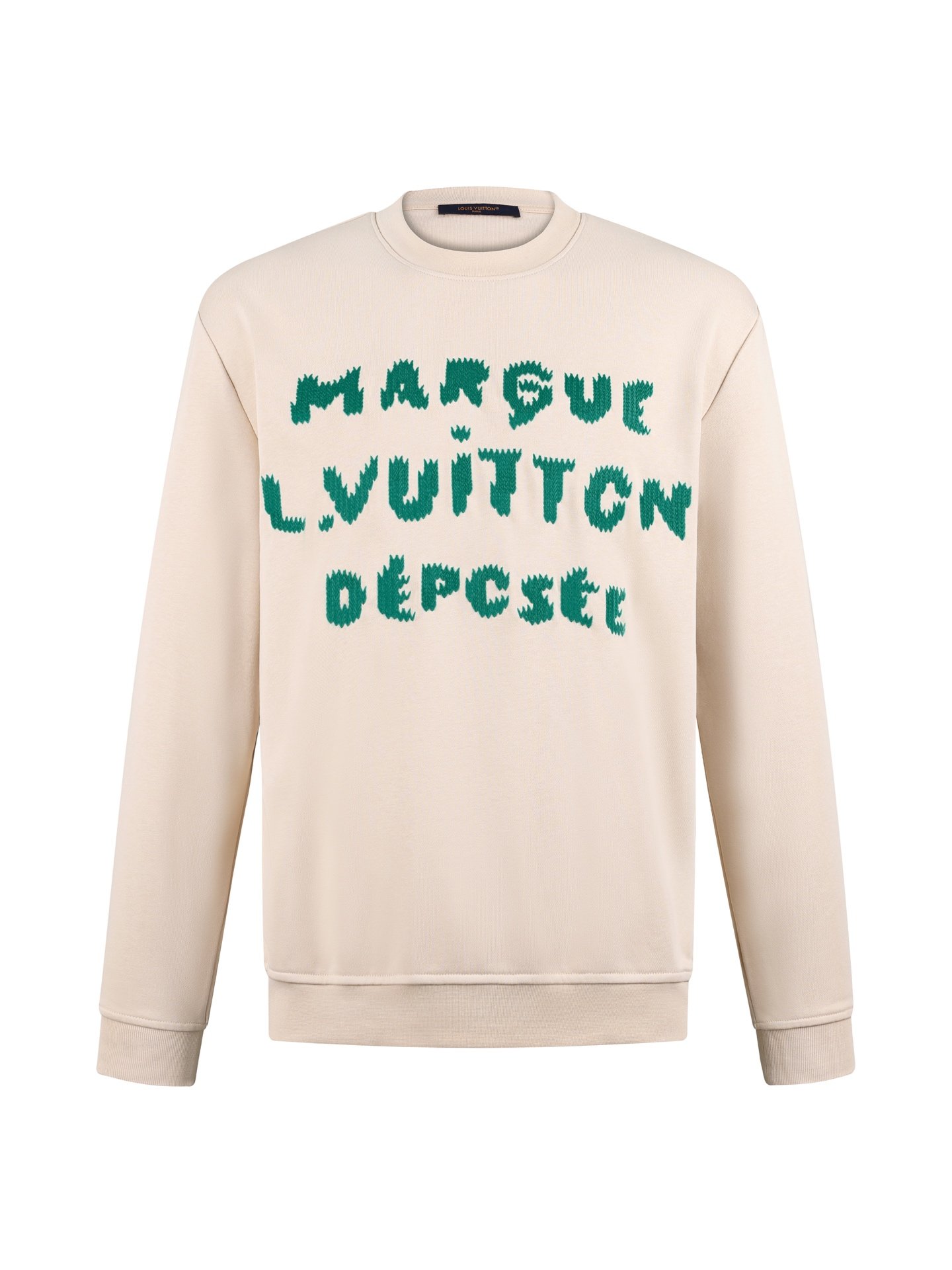 26070704-LV-Long-Sleeve-Tee-01 Louis Vuitton Cream White Jagged Green Letter Embroidery Crew Neck Loose Cotton Sweatshirt - Image 1