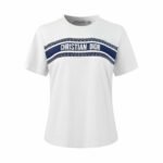 Dior Women White Slim Fit Crew Neck Short Sleeve T-Shirt Navy Speckled Stripe Letter Print