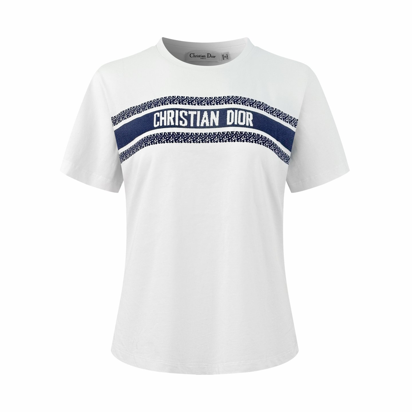 26070706-Dior-Tee-01 Dior Women White Slim Fit Crew Neck Short Sleeve T-Shirt Navy Speckled Stripe Letter Print - Image 1