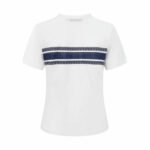 Dior Women White Slim Fit Crew Neck Short Sleeve T-Shirt Navy Speckled Stripe Letter Print - Image 2