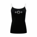 Chrome Heart Women Black White Contrast Trim Sling Tank Top Horseshoe Cross Floral Letter Print