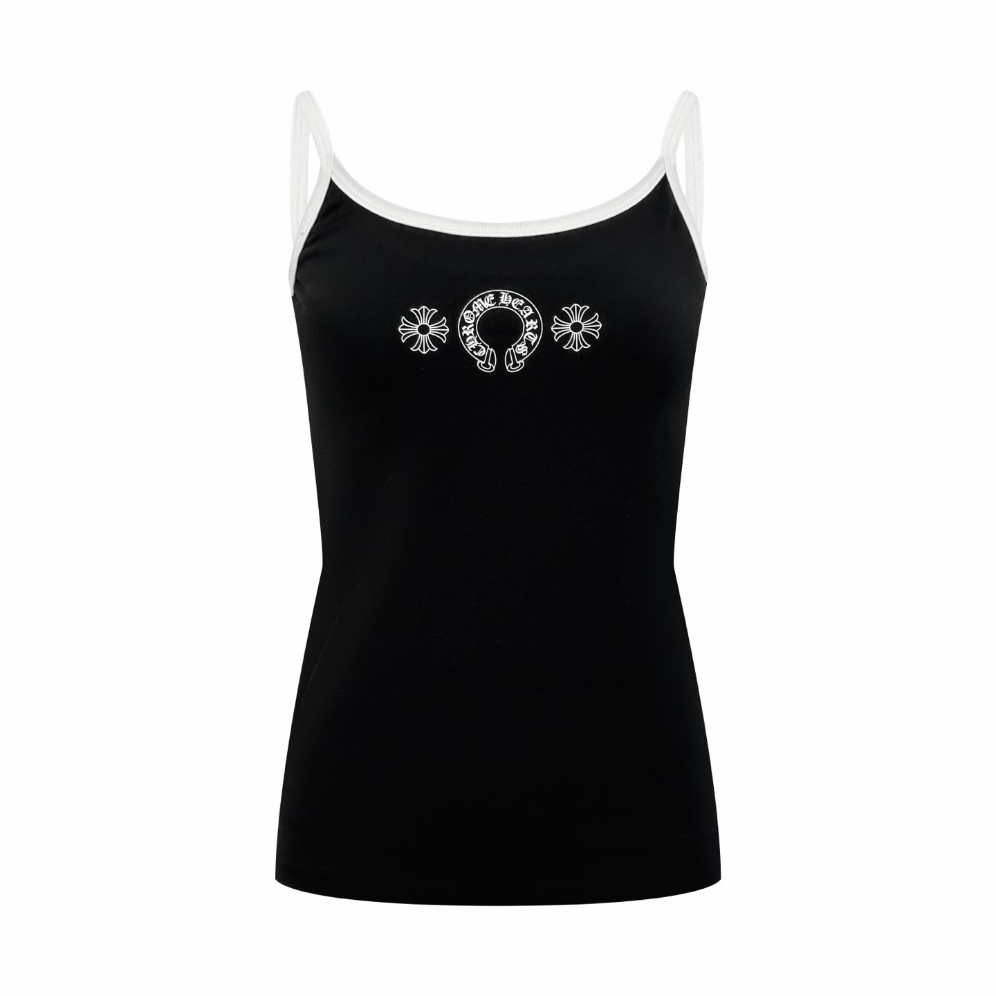 26070708-Chrome-Heart-Vest-01 Chrome Heart Women Black White Contrast Trim Sling Tank Top Horseshoe Cross Floral Letter Print - Image 1