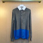 Louis Vuitton Grey Blue Color Block Fake Two-Piece Collar Knit Long Sleeve Polo Shirt