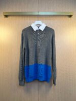 Louis Vuitton Grey Blue Color Block Fake Two-Piece Collar Knit Long Sleeve Polo Shirt