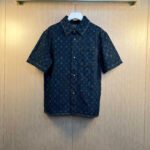 Louis Vuitton Dark Blue All Over Monogram Print Denim Short Sleeve Shirt With Chest Pocket