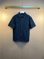 Louis Vuitton Dark Blue All Over Monogram Print Denim Short Sleeve Shirt With Chest Pocket