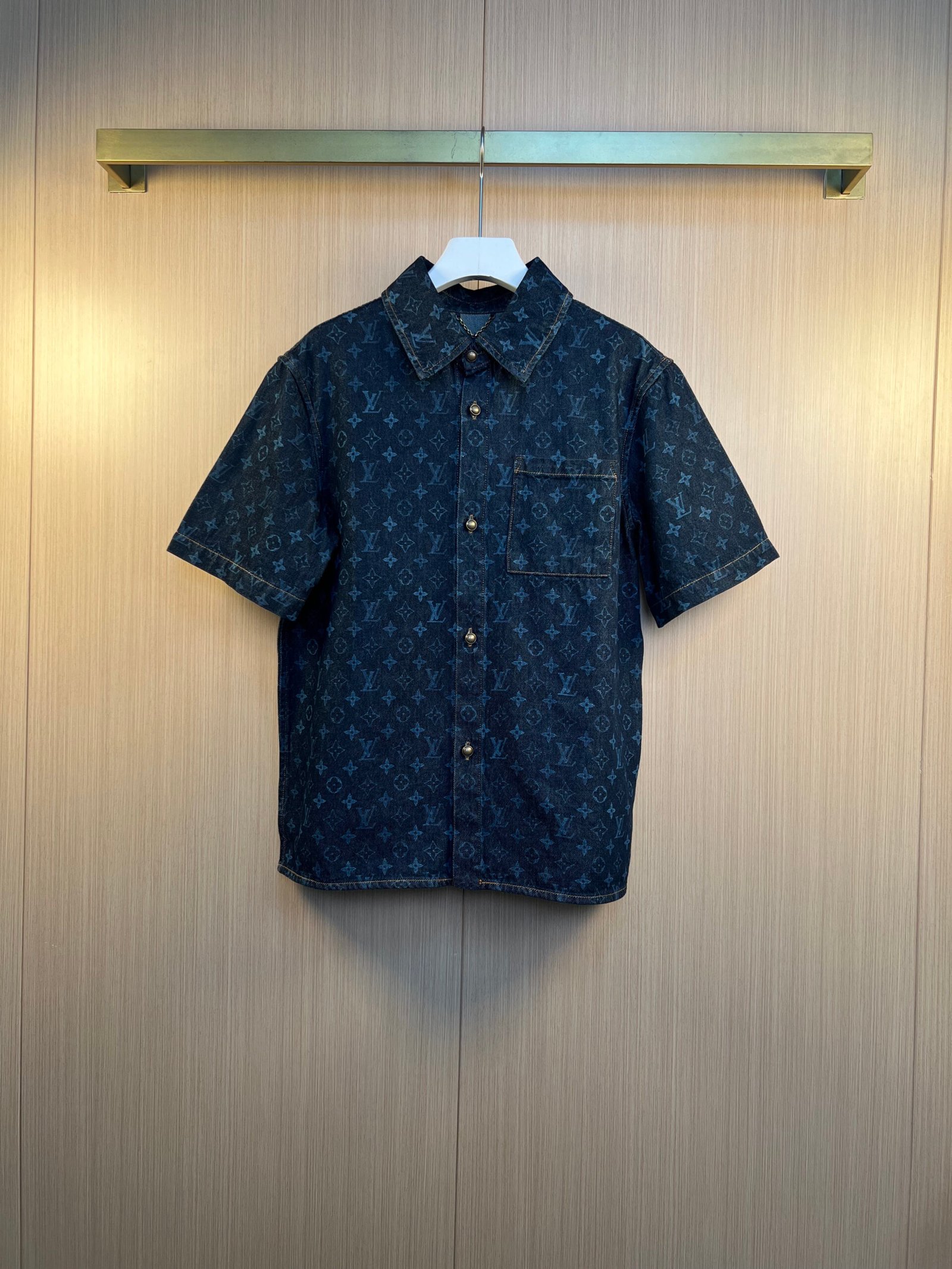 26070711-Dress-Shirt-01 Louis Vuitton Dark Blue All Over Monogram Print Denim Short Sleeve Shirt With Chest Pocket - Image 1