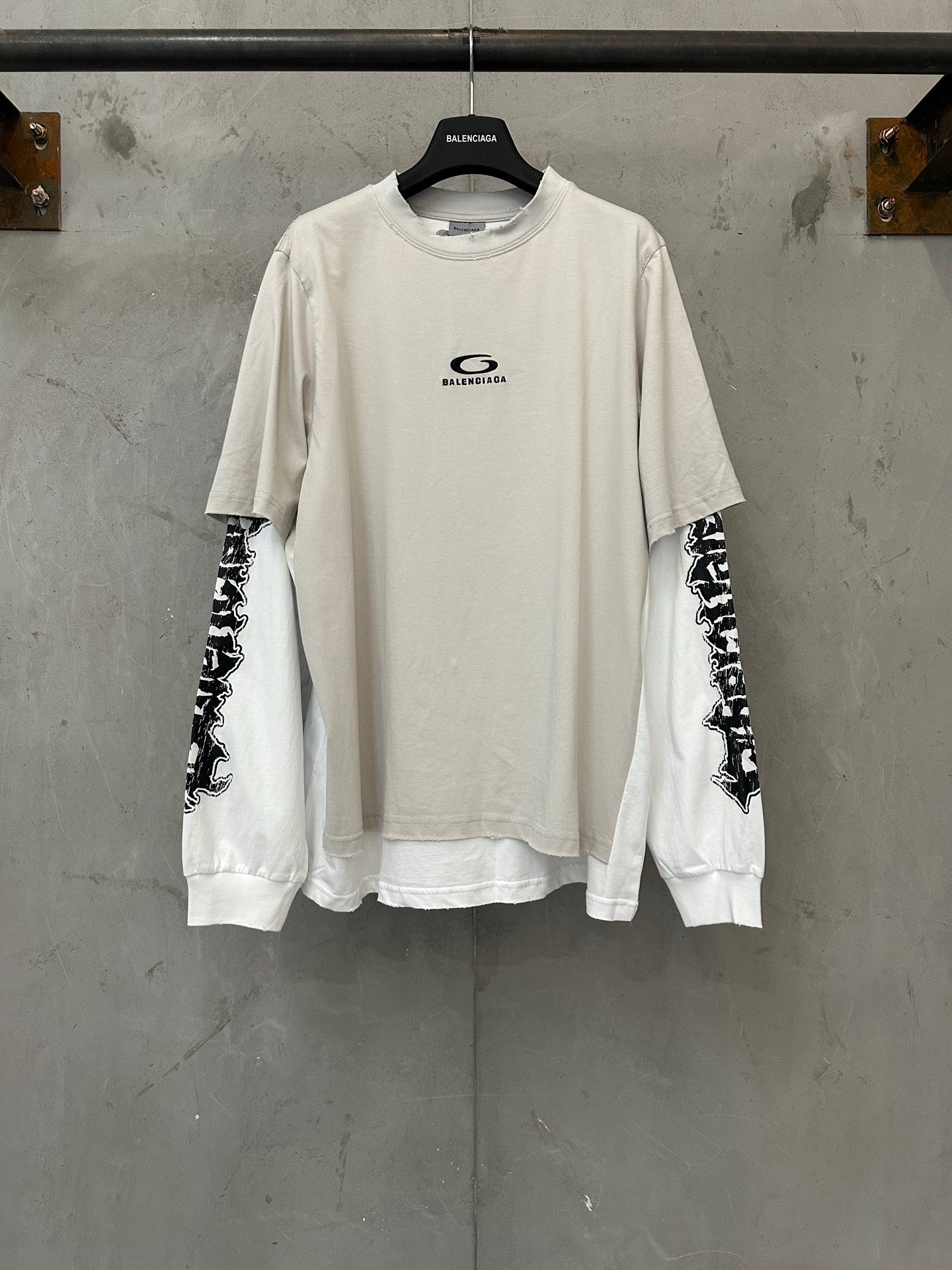 26070802-Balenciaga-Hoodie-01 Balenciaga Vintage Distressed Fake Two Piece Long Sleeve Tee Gothic Letter Printed Layered Shirt - Image 1