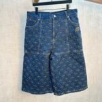Louis Vuitton Women Denim Wide Leg Bermuda Shorts Full Golden Circle Stitch Embroidery Floral Decor